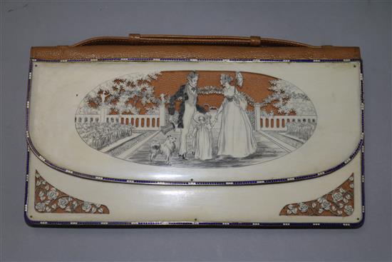 An Edwardian Regency style carved ivory and enamel purse